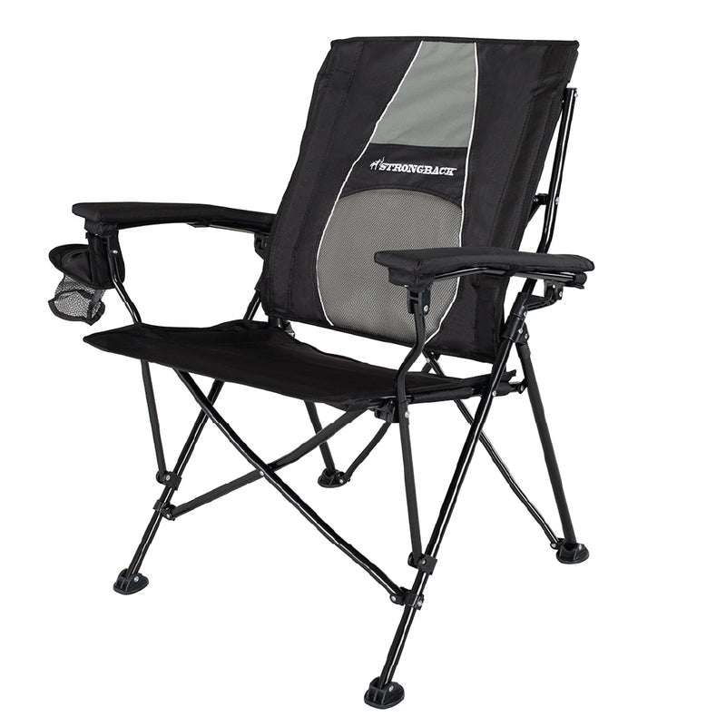 Load image into Gallery viewer, STRONGBACK Elite black folding chair – ergonomic lumbar support, left side view with cup holder