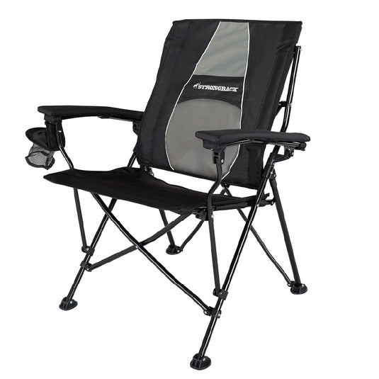 STRONGBACK Elite black folding chair – ergonomic lumbar support, left side view with cup holder