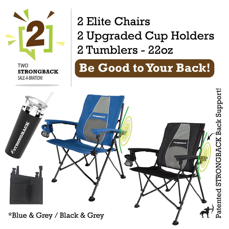 Load image into Gallery viewer, STRONGBACK Elite Chair 2 bundle pack - black/navy - with tumblers and extra cup holder pocket
