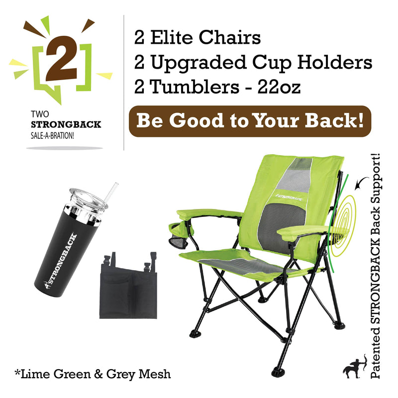 Load image into Gallery viewer, STRONGBACK Elite Chair 2 bundle pack - lime green - with tumblers and extra cup holder pocket
