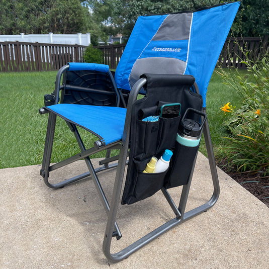 Image of the BIG Pocket on a blue STRONGBACK director chair