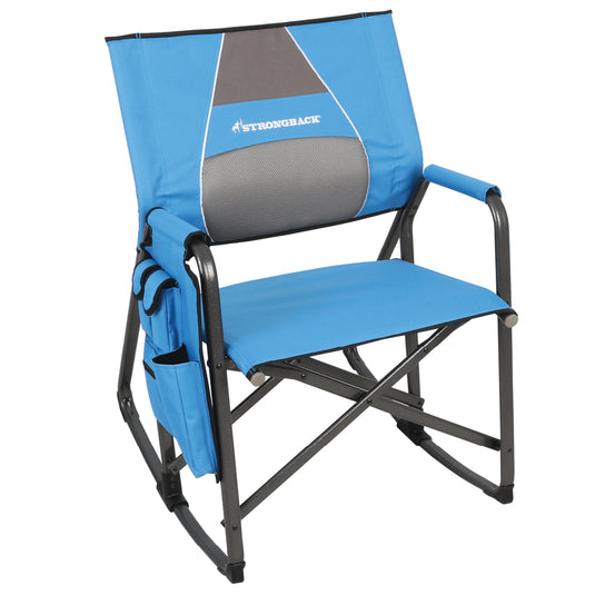 STRONGBACK Rocking Director Chair with with Large Cup Holder Pocket - Blue/Grey - Your Ultimate Camping Companion
