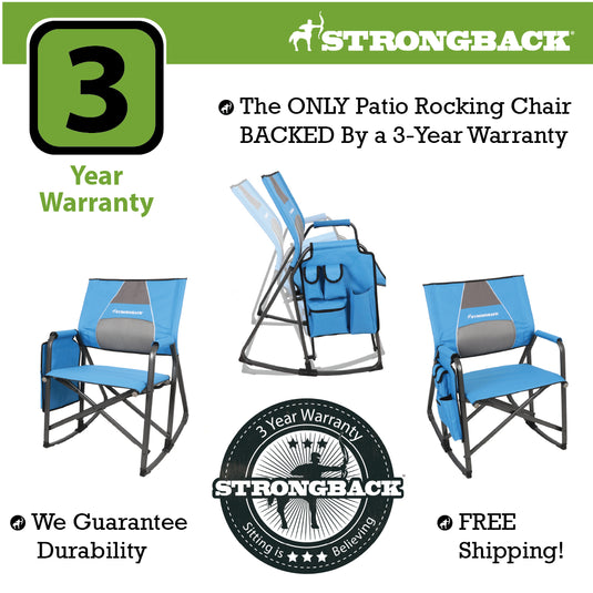 STRONGBACK Rocking Director Chair with with Large Cup Holder Pocket - Blue/Grey - Your Ultimate Camping Companion