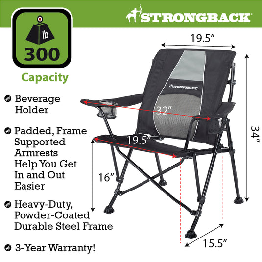 STRONGBACK GURU - Black/Grey Camping Chair - Your Ultimate Ergonomic Folding Camping Chair