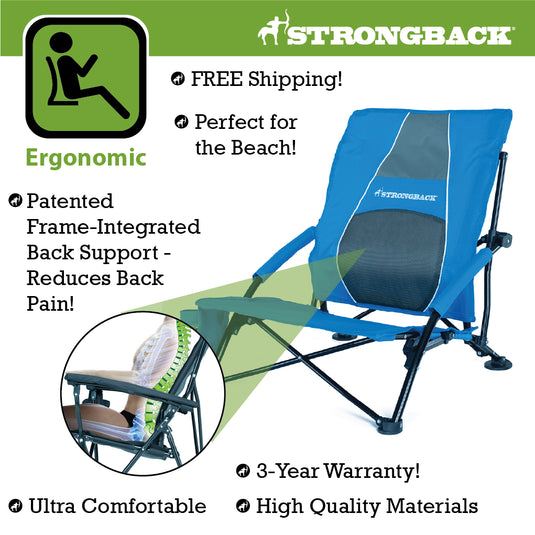 STRONGBACK Low Gravity Beach Chair- Blue/Grey - Experience Ultimate Comfort and Relaxation