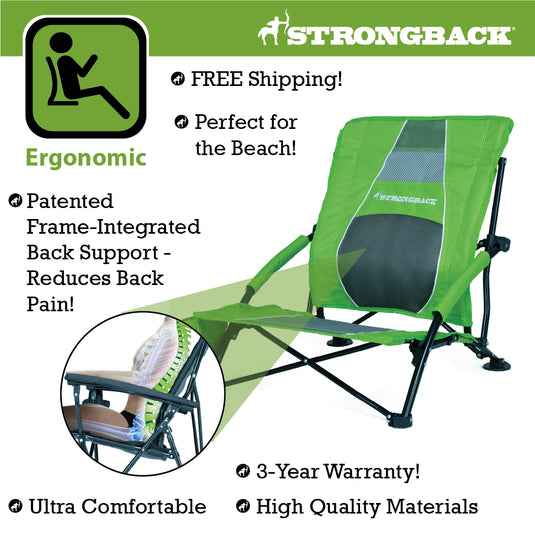 STRONGBACK Low Gravity Beach Chair- Lime Green/Grey Mesh - Experience Ultimate Comfort and Relaxation