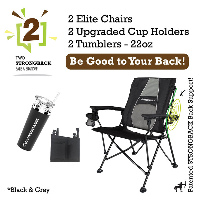 STRONGBACK Elite Chair 2 bundle pack - black - with tumblers and extra cup holder pocket