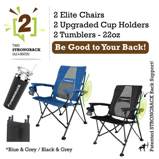 STRONGBACK Elite Chair 2 bundle pack - black/navy - with tumblers and extra cup holder pocket