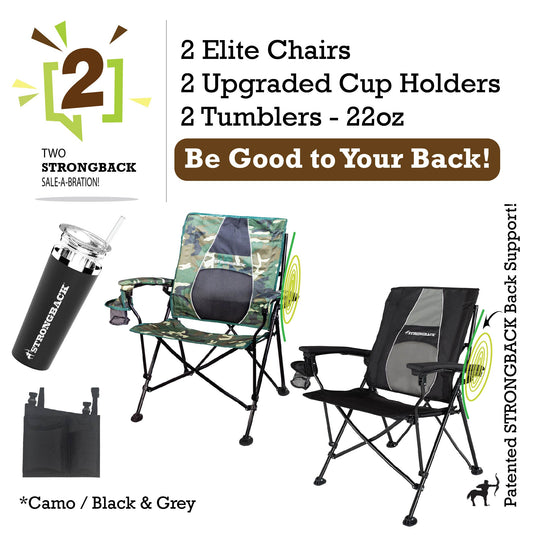 STRONGBACK Elite Chair 2 bundle pack - black/camo - with tumblers and extra cup holder pocket