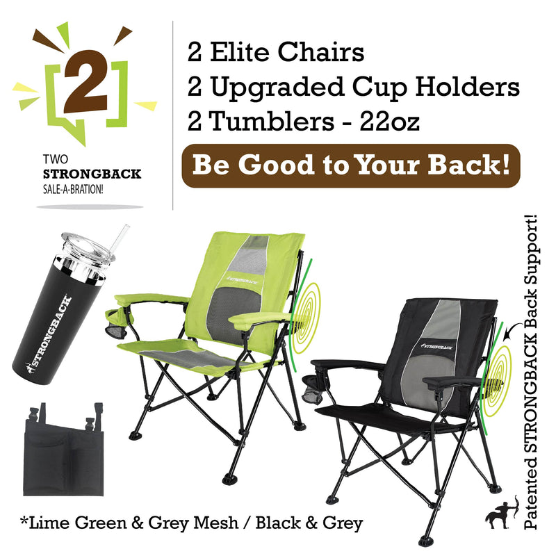 Load image into Gallery viewer, STRONGBACK Elite Chair 2 bundle pack - black/lime green - with tumblers and extra cup holder pocket
