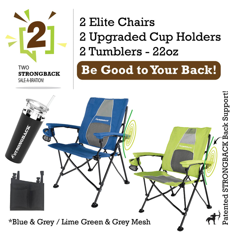 Load image into Gallery viewer, STRONGBACK Elite Chair 2 bundle pack - blue/lime green - with tumblers and extra cup holder pocket

