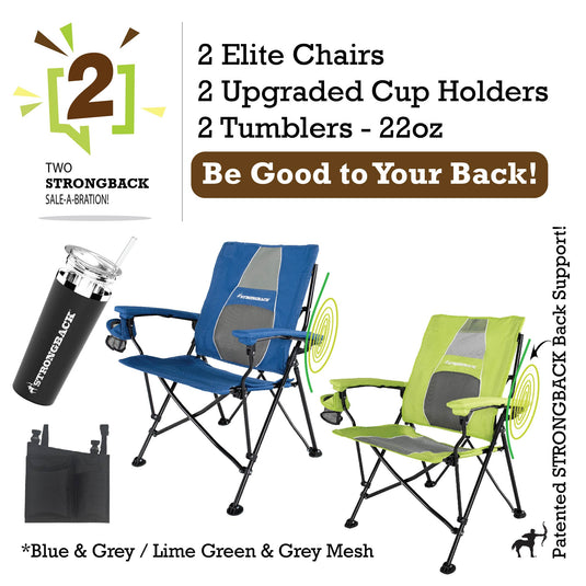 STRONGBACK Elite Chair 2 bundle pack - blue/lime green - with tumblers and extra cup holder pocket
