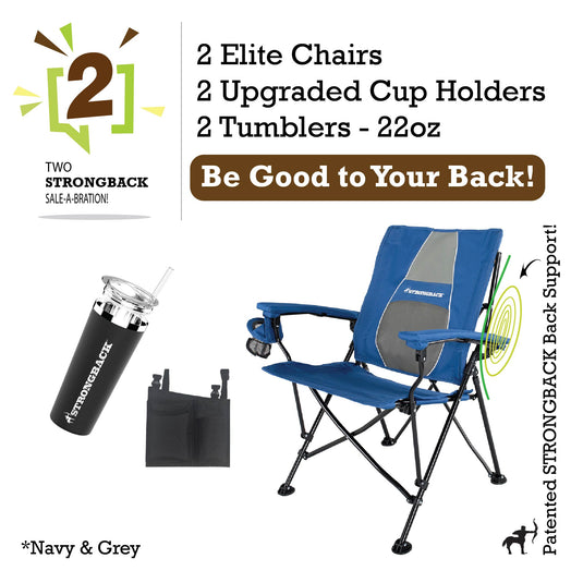 STRONGBACK Elite Chair 2 bundle pack - navy - with tumblers and extra cup holder pocket