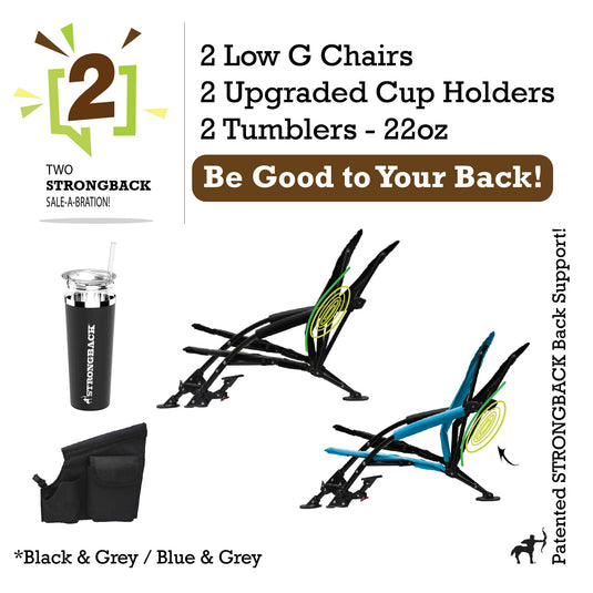 STRONGBACK Low G Recliner Beach Chair 2 bundle pack - black/blue - with Tumbler and extra pocket