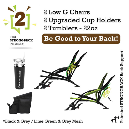 STRONGBACK Low G Recliner Beach Chair 2 bundle pack - black/lime green - with Tumbler and extra pocket