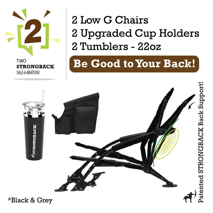 STRONGBACK Low G Recliner Beach Chair 2 bundle pack - black - with Tumbler and extra pocket