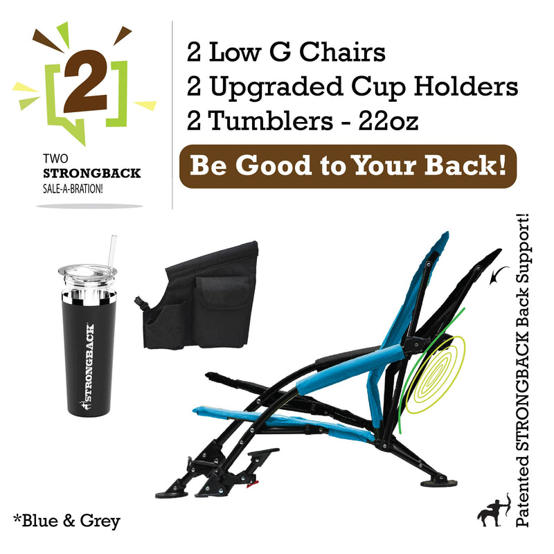 Load image into Gallery viewer, STRONGBACK Low G  Recliner Beach Chair 2 bundle pack - blue - with Tumbler and extra pocket
