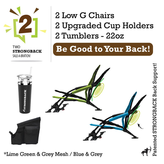 STRONGBACK Low G Recliner Beach Chair 2 bundle pack - lime green/blue - with Tumbler and extra pocket