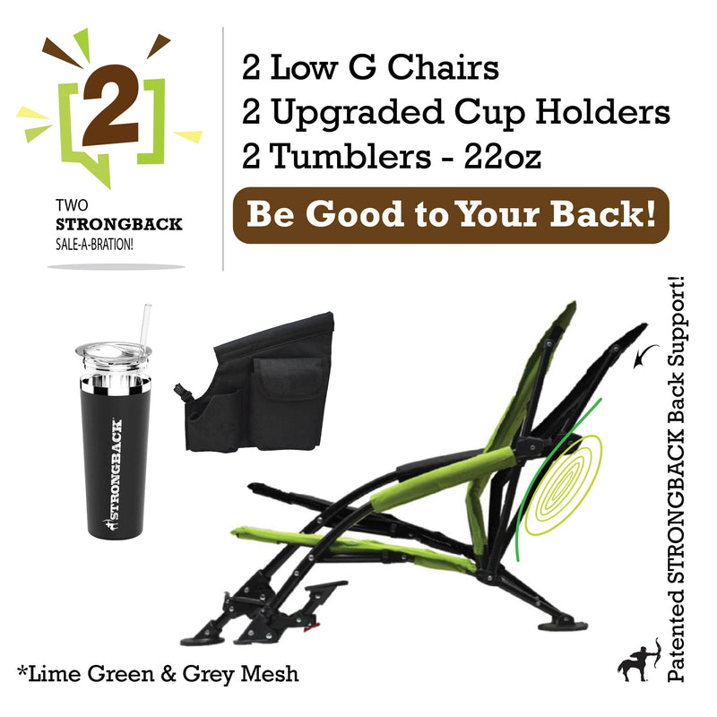 Load image into Gallery viewer, STRONGBACK Low G Recliner Beach Chair 2 bundle pack - lime green - with Tumbler and extra pocket
