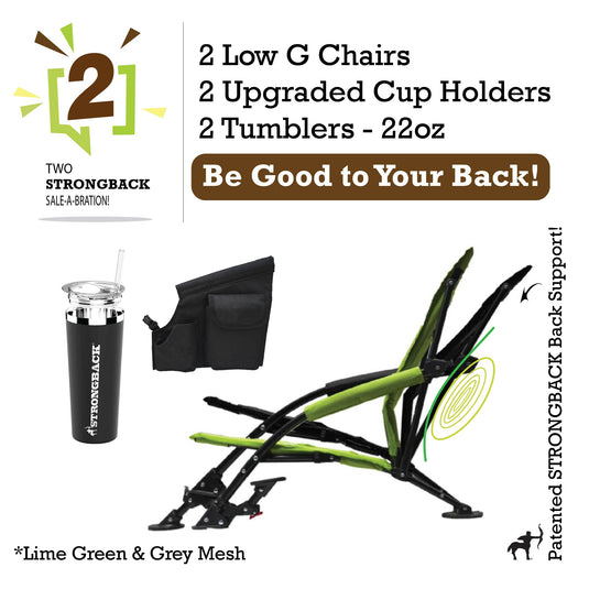 STRONGBACK Low G Recliner Beach Chair 2 bundle pack - lime green - with Tumbler and extra pocket