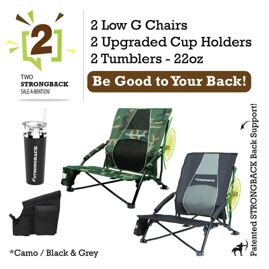 STRONGBACK Low Gravity Beach Chair 2 bundle pack - black/camo - with Tumbler and extra pocket