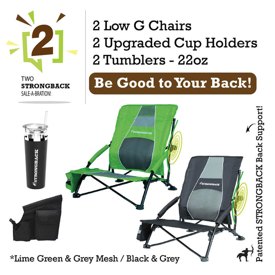STRONGBACK Low Gravity Beach Chair 2 bundle pack - black/lime green - with Tumbler and extra pocket