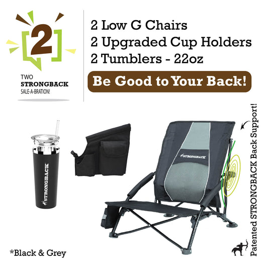 STRONGBACK Low Gravity Beach Chair 2 bundle pack - black - with Tumbler and extra pocket