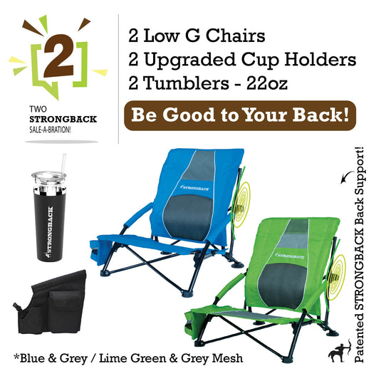 STRONGBACK Low Gravity Beach Chair 2 bundle pack - blue/lime green - with Tumbler and extra pocket