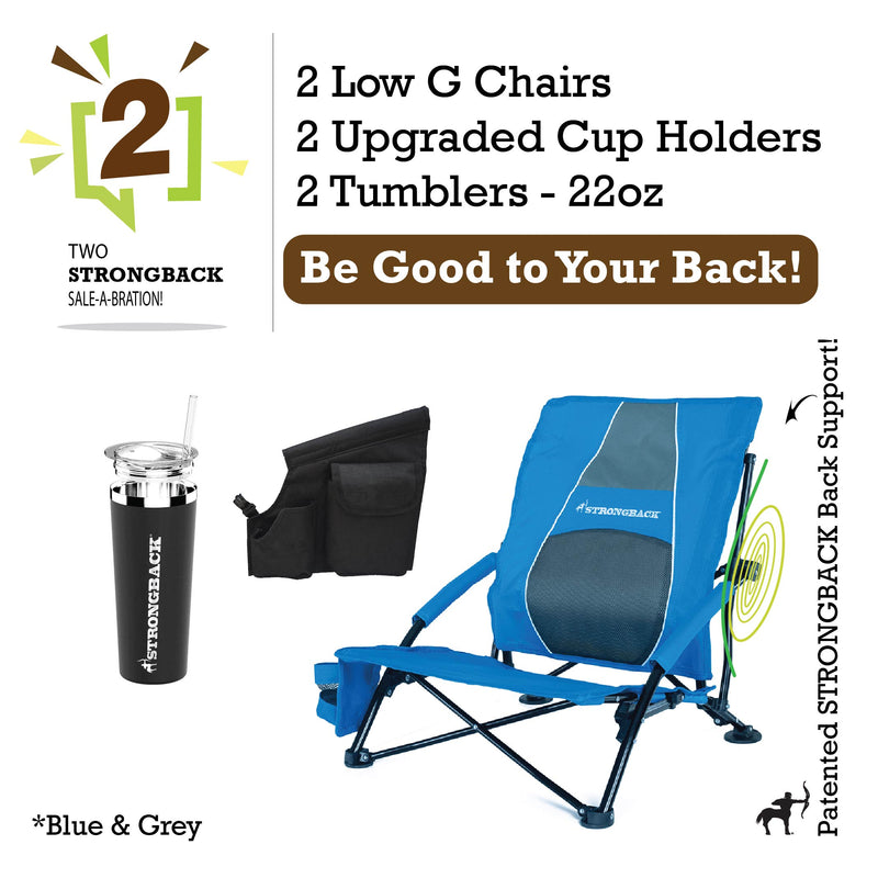 Load image into Gallery viewer, STRONGBACK Low Gravity Beach Chair 2 bundle pack - blue - with Tumbler and extra pocket
