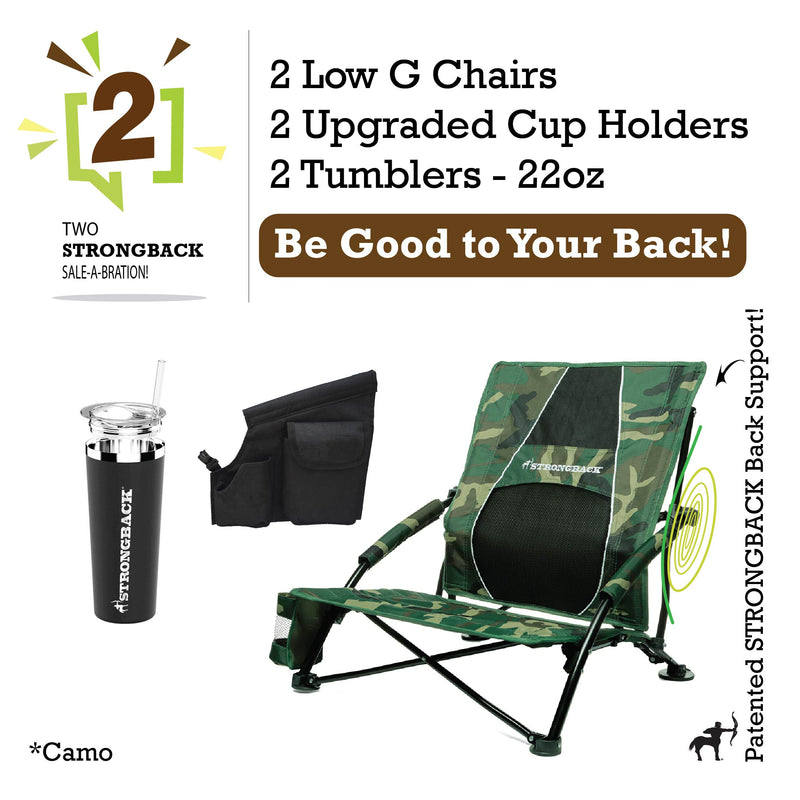 Load image into Gallery viewer, STRONGBACK Low Gravity Beach Chair 2 bundle pack - camo - with Tumbler and extra pocket

