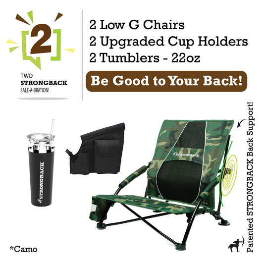 STRONGBACK Low Gravity Beach Chair 2 bundle pack - camo - with Tumbler and extra pocket