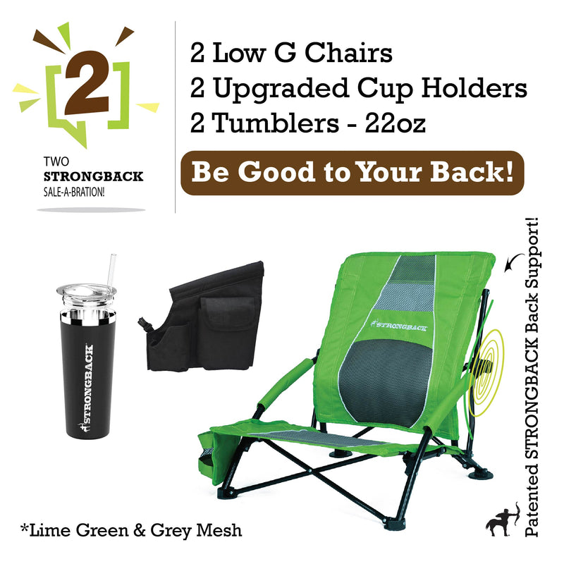 Load image into Gallery viewer, STRONGBACK Low Gravity Beach Chair 2 bundle pack - lime green - with Tumbler and extra pocket
