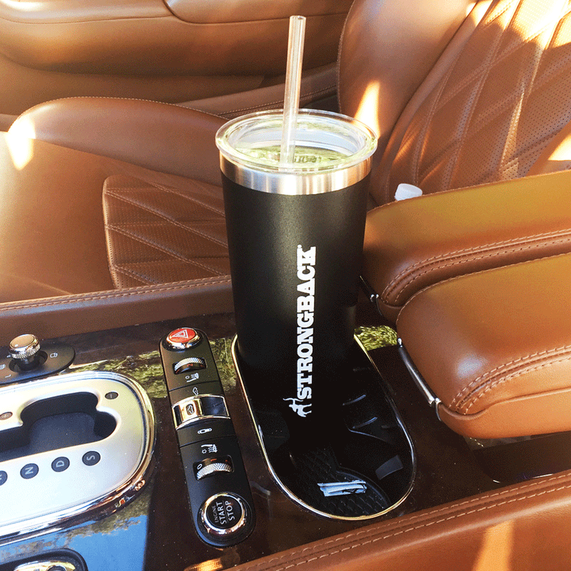Load image into Gallery viewer, Strongback Chair Tumbler sitting in car cupholder.
