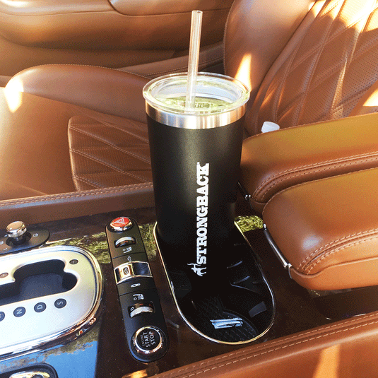 Strongback Chair Tumbler sitting in car cupholder.